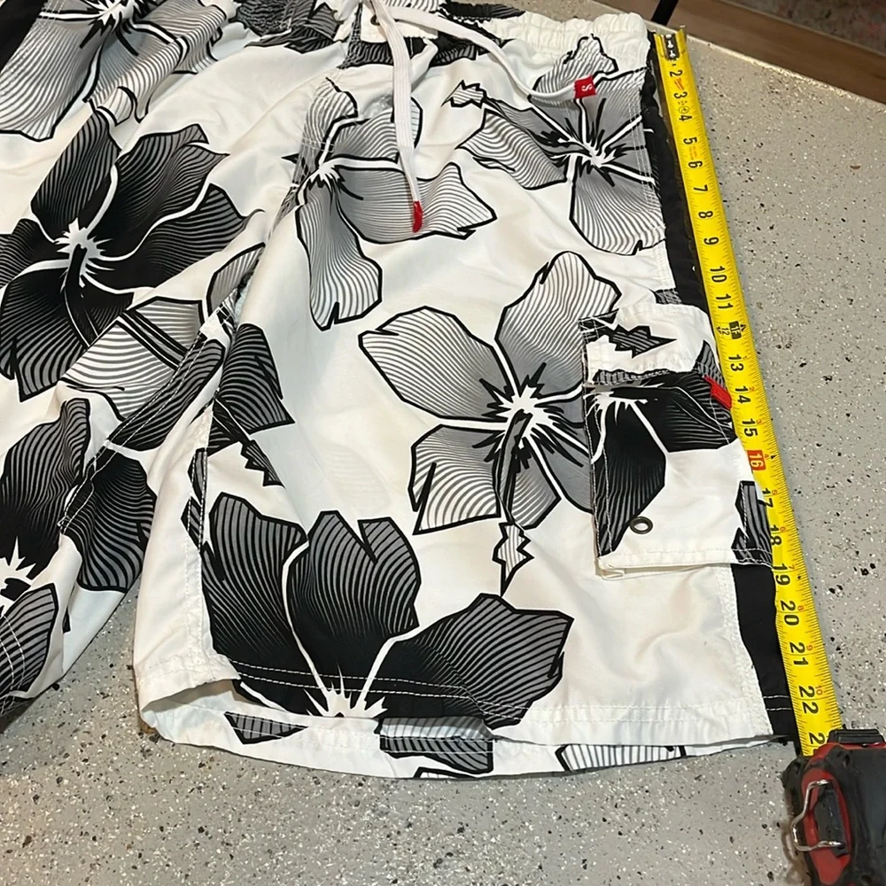 SURF MENTALITY BY LAGACI SPORT TROPICAL FLORAL PRINT SWIM TRUNKS WHI BLK SZ XXL
